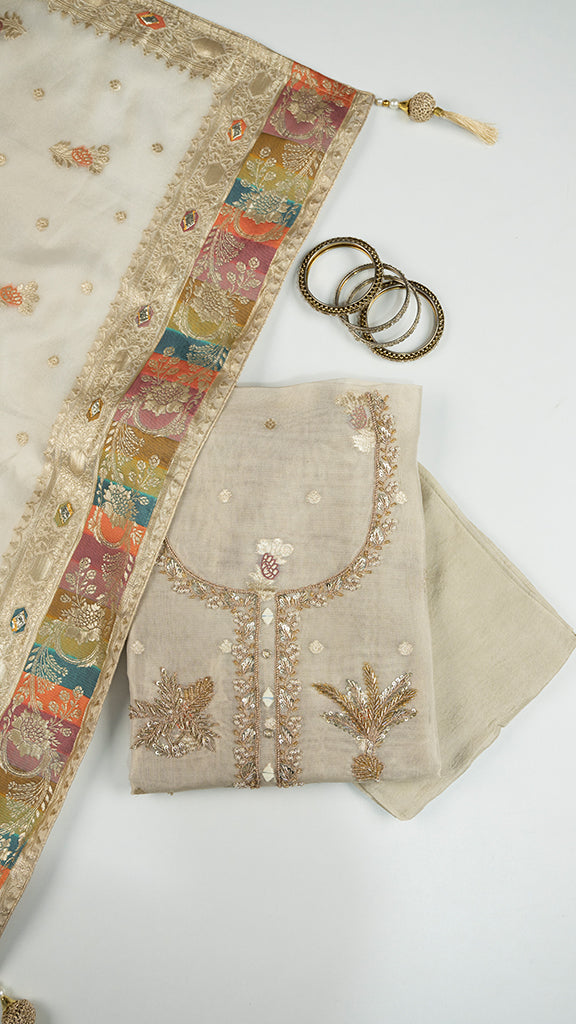 Porya Unstitched Kurta Set in Off White
