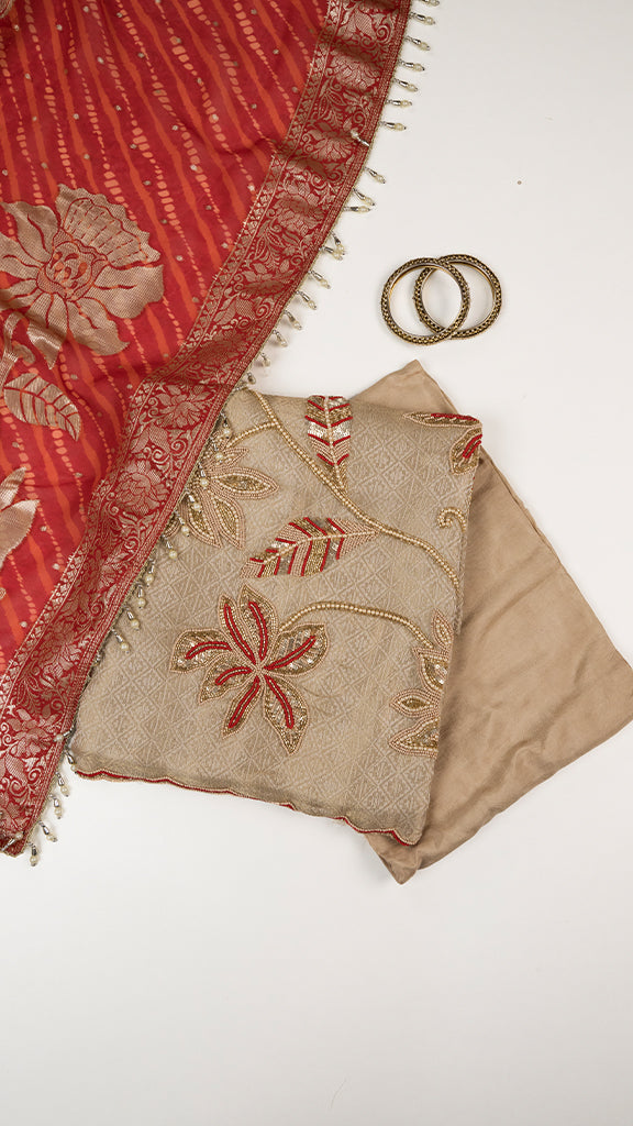 Erya Unstitched Kurta Set in Beige with Red Dupatta