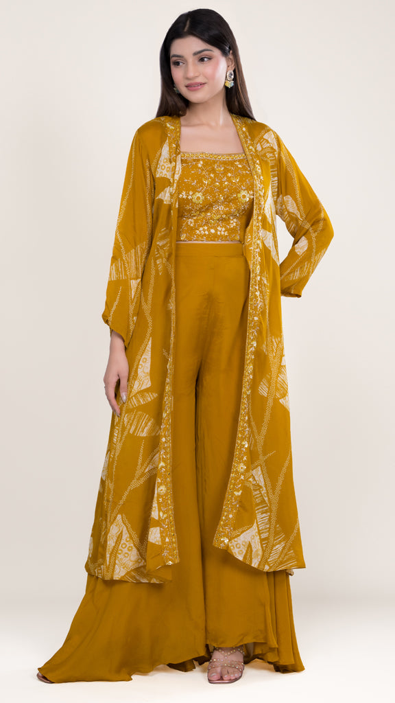 Mustard Mirror leaf Embroidered Cape Set