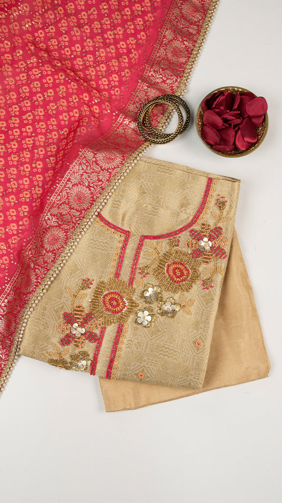 Civara Unstitched Kurta Set in Beige with Pink Dupatta