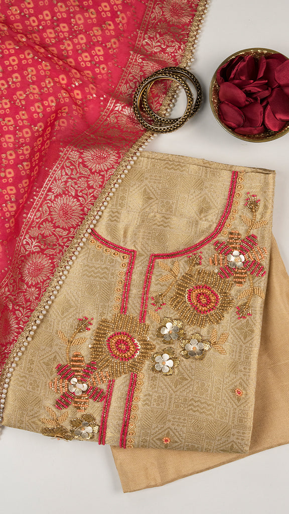 Civara Unstitched Kurta Set in Beige with Pink Dupatta