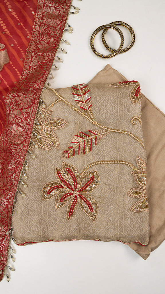 Erya Unstitched Kurta Set in Beige with Red Dupatta