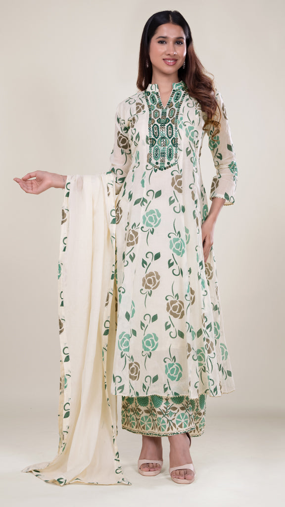 Teal and White Flared Kurta Set