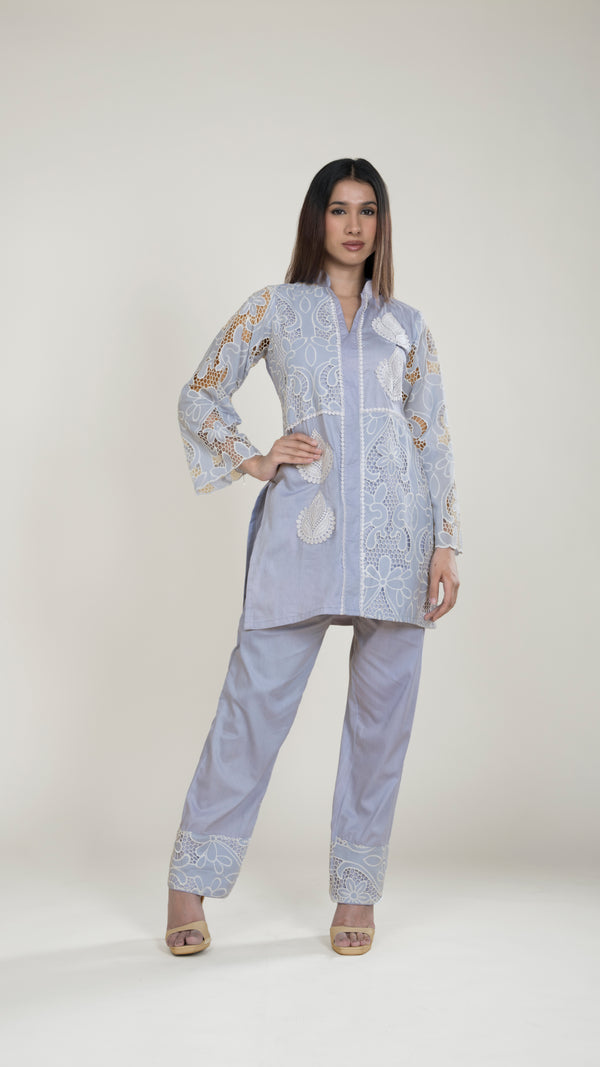 Ziya Schiffli Co-ord Set in Blue