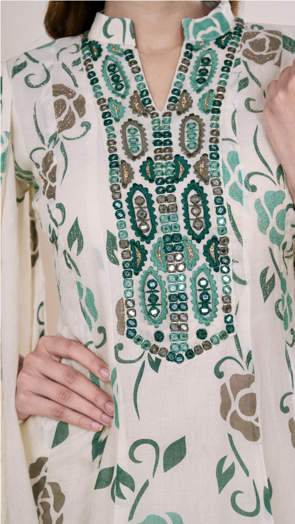 Teal and White Flared Kurta Set