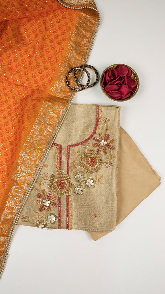 Civara Unstitched Kurta Set in Beige with Orange Dupatta