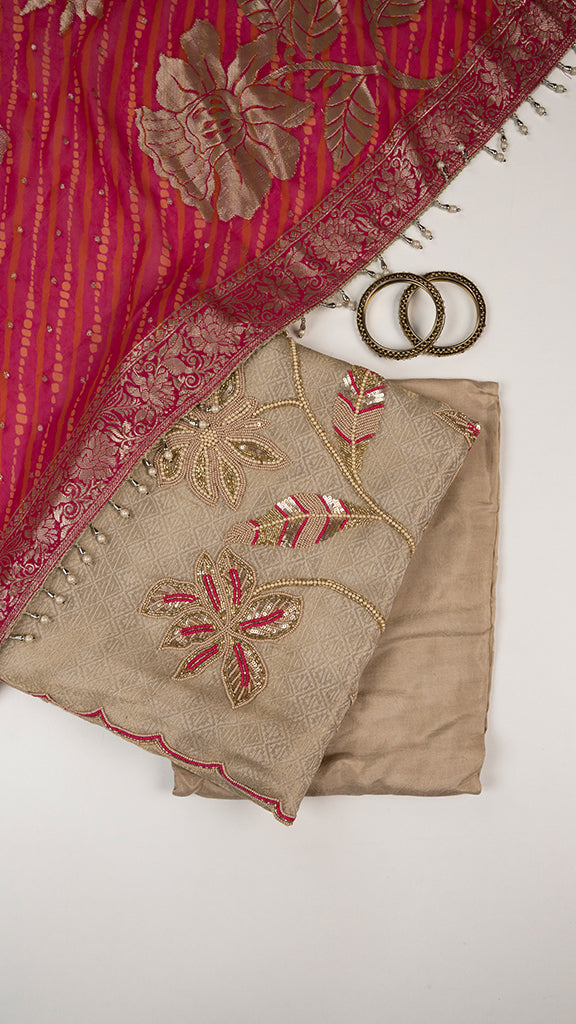 Erya Unstitched Kurta Set in Beige with Pink Dupatta