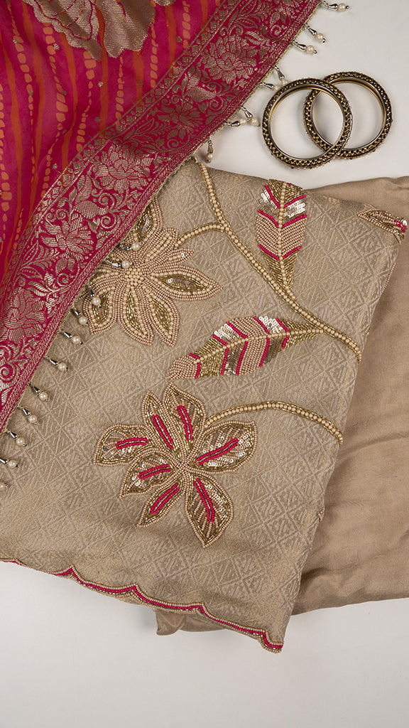 Erya Unstitched Kurta Set in Beige with Pink Dupatta