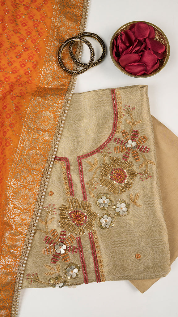 Civara Unstitched Kurta Set in Beige with Orange Dupatta