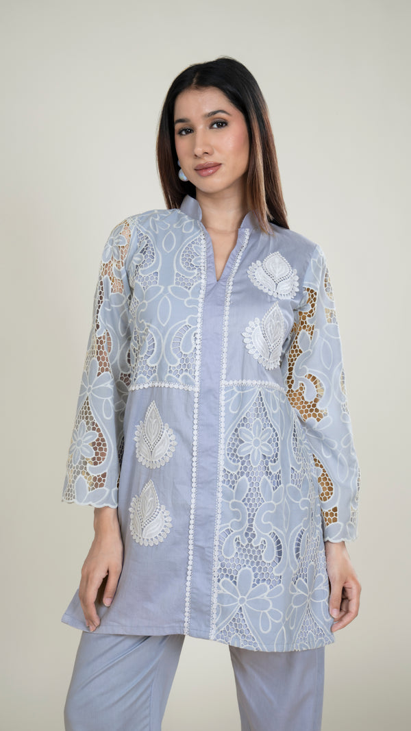 Ziya Schiffli Co-ord Set in Blue