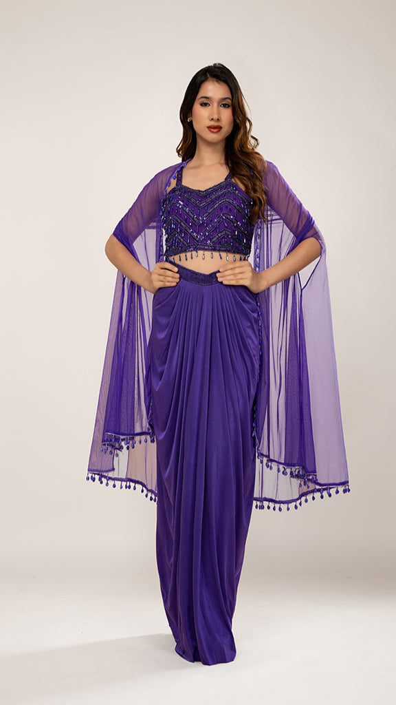 Evani Purple Sequin Drape Skirt Set
