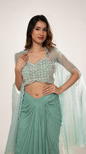 Mint Draped Skirt & Embroidered Blouse Set