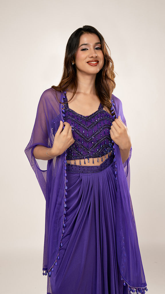 Evani Purple Sequin Drape Skirt Set